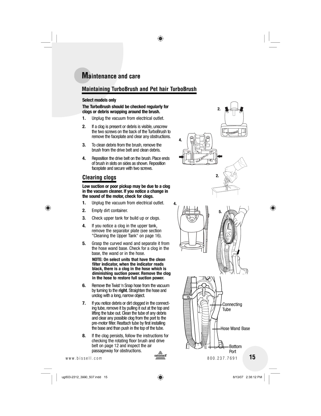 Bissell 3990 warranty Maintaining TurboBrush and Pet hair TurboBrush, Clearing clogs, Select models only 