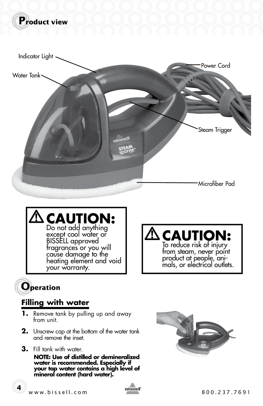 Bissell 39F1 warranty Filling with water, Product view, Operation 