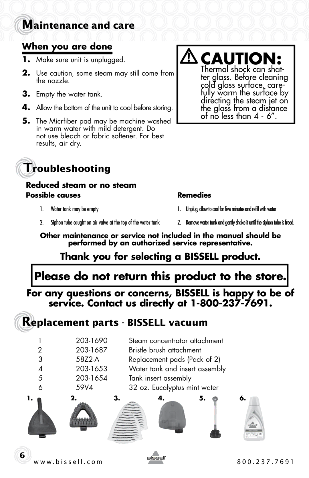 Bissell 39F1 warranty Maintenance and care, Troubleshooting, Thank you for selecting a Bissell product, When you are done 