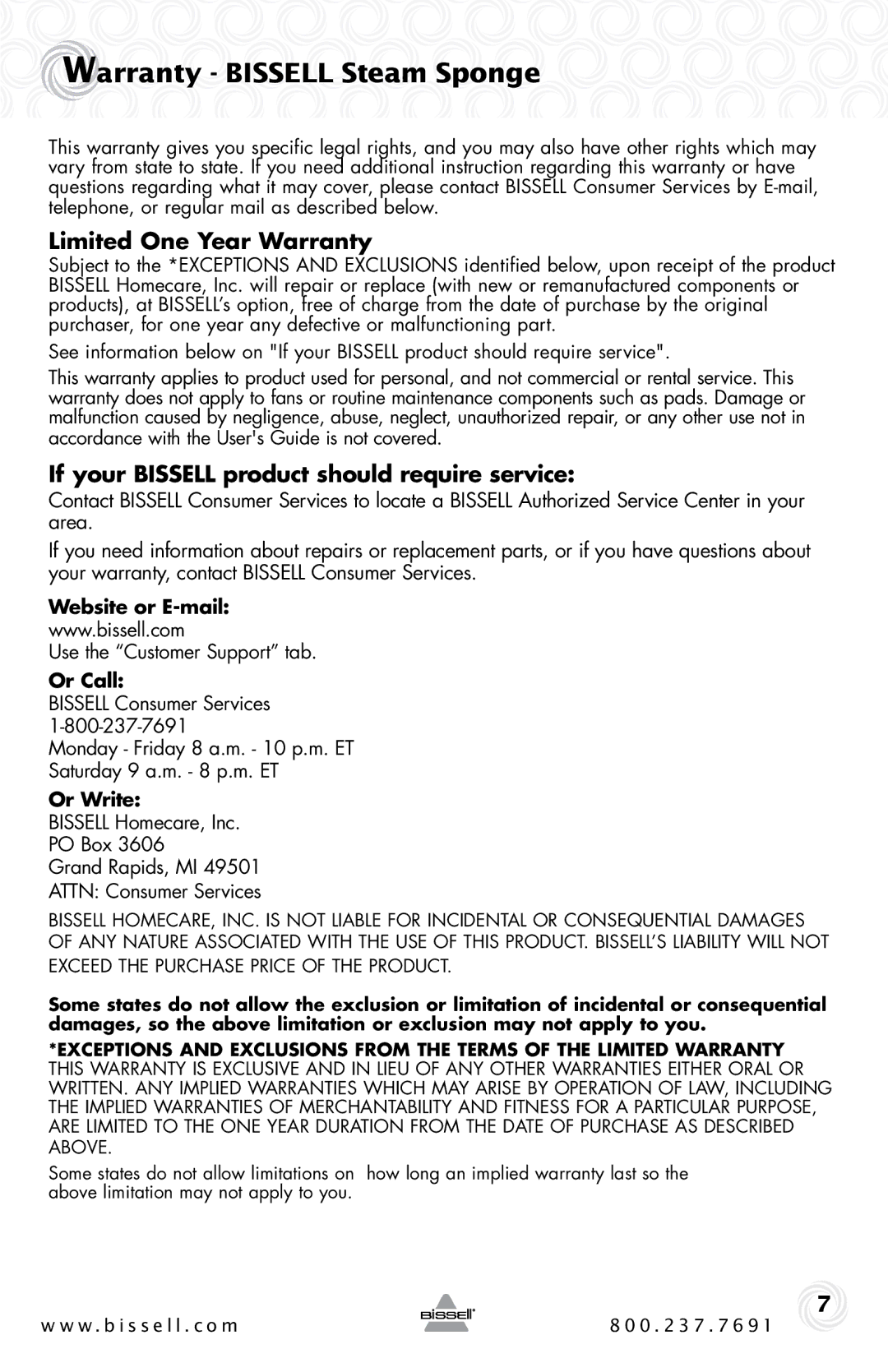 Bissell 39F1 Warranty Bissell Steam Sponge, Limited One Year Warranty, If your Bissell product should require service 