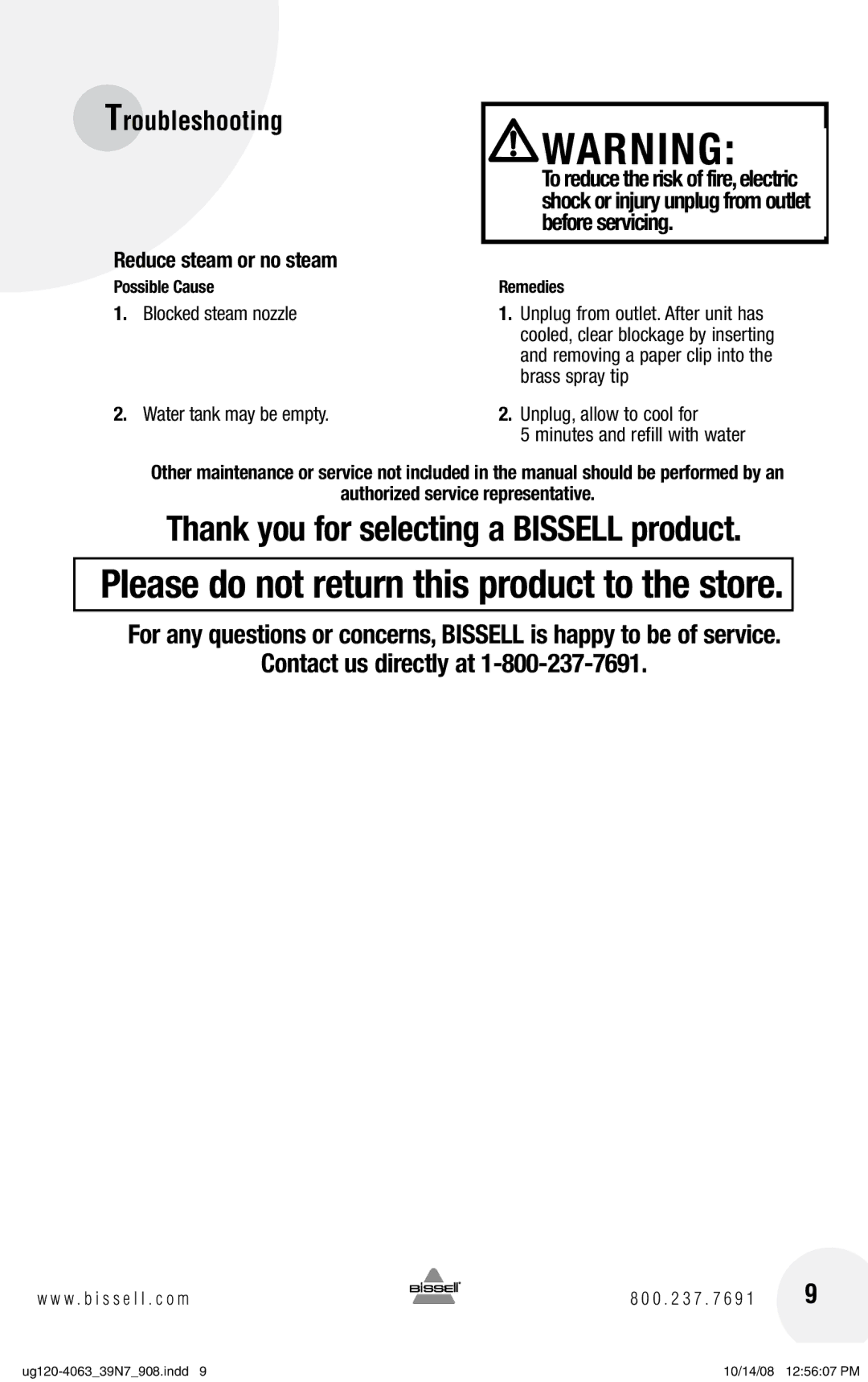 Bissell 39N7 warranty Troubleshooting, Reduce steam or no steam, Authorized service representative 