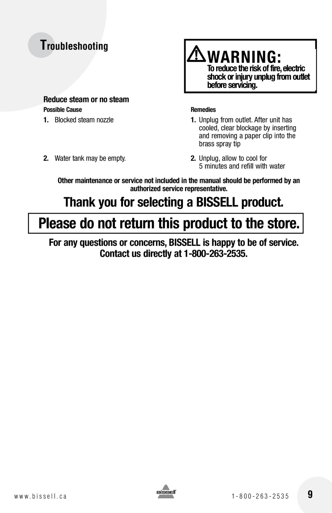 Bissell 39N7 warranty Troubleshooting, Reduce steam or no steam, Authorized service representative 