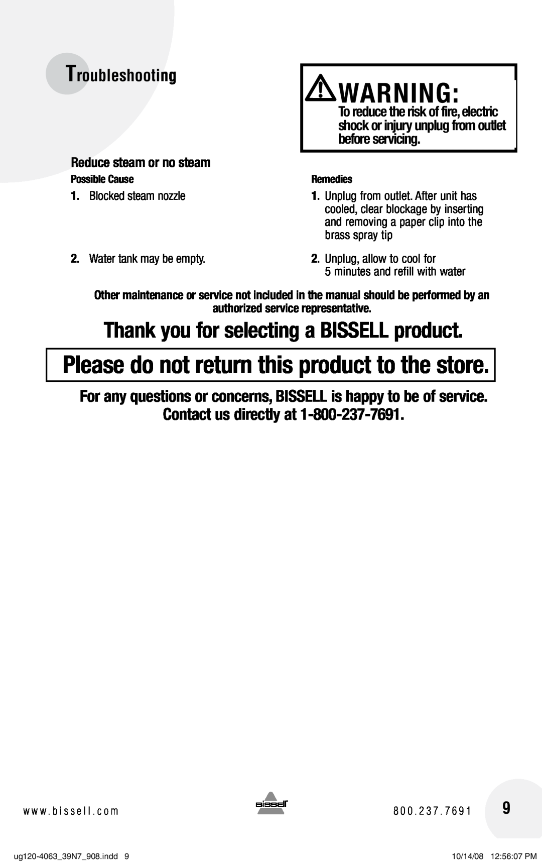 Bissell 39N7 Troubleshooting, Contact us directly at, Reduce steam or no steam, Thank you for selecting a BISSELL product 