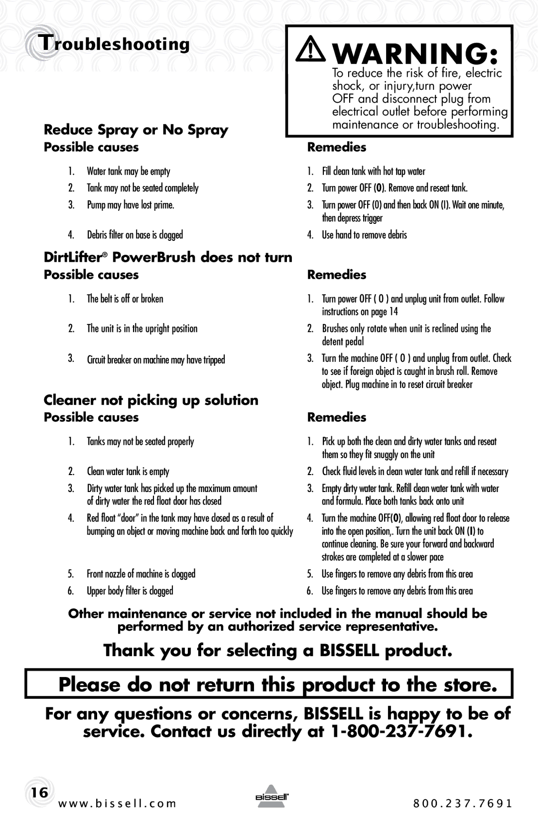 Bissell 40M1, 86T3 warranty Troubleshooting, Thank you for selecting a Bissell product, Reduce Spray or No Spray 