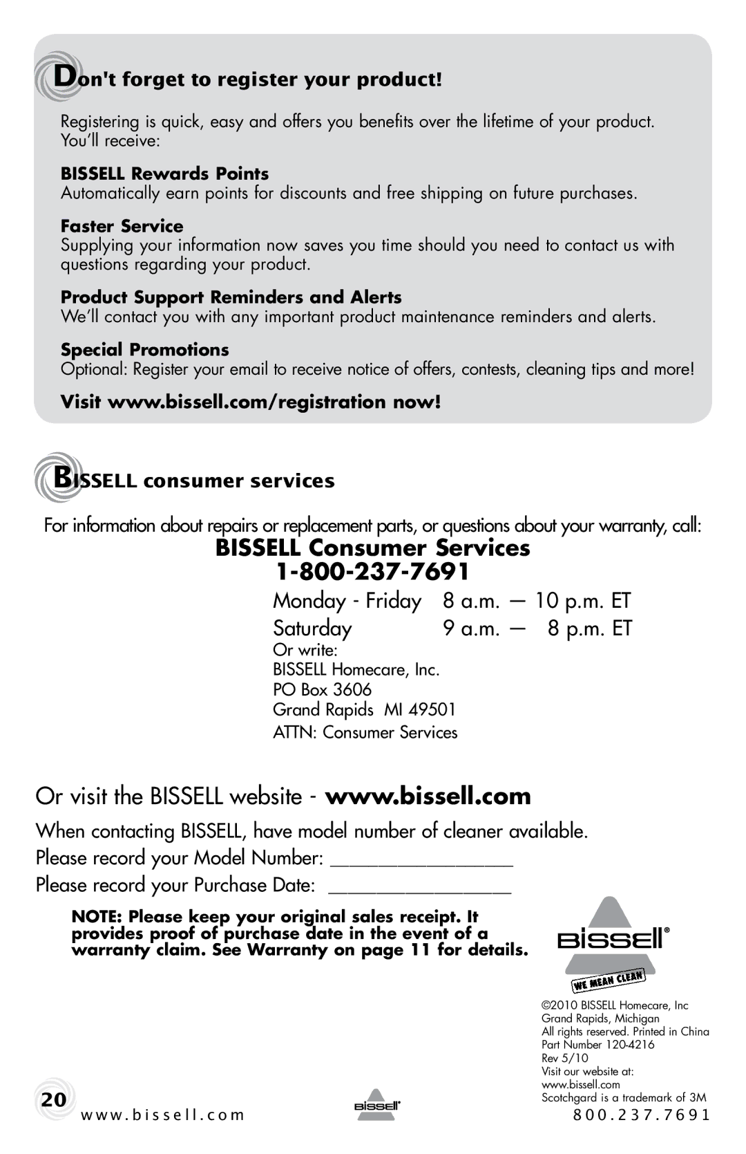 Bissell 40M1, 86T3 warranty Bissell Consumer Services, Dont forget to register your product, Bissell consumer services 