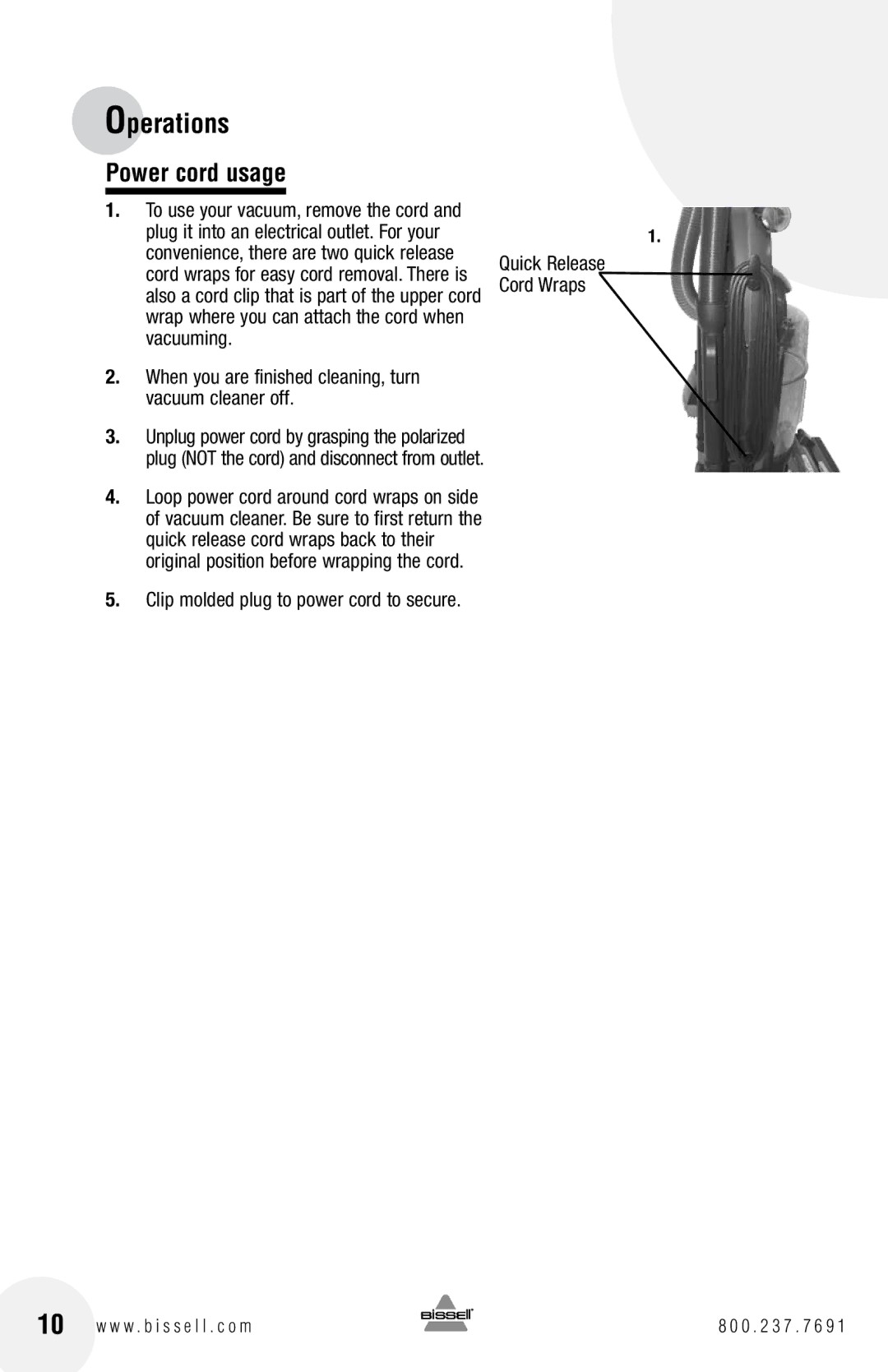 Bissell 4104 warranty Power cord usage, Quick Release Cord Wraps 