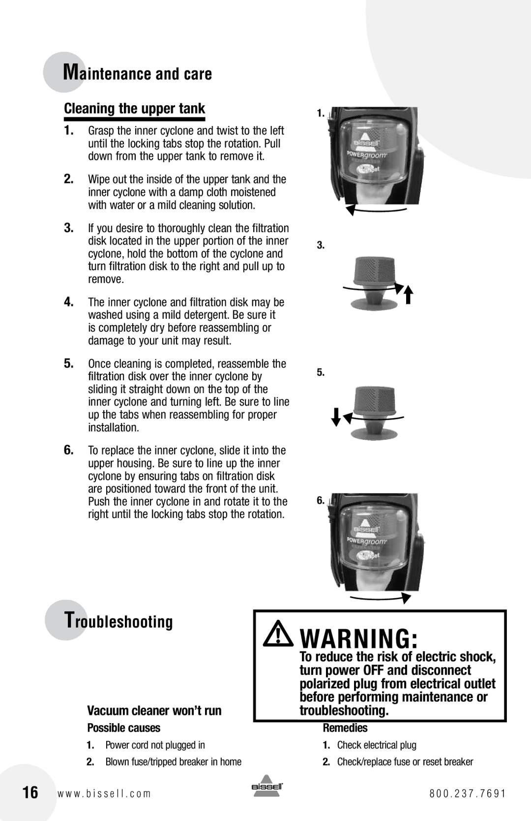 Bissell 4104 warranty Troubleshooting, Cleaning the upper tank 