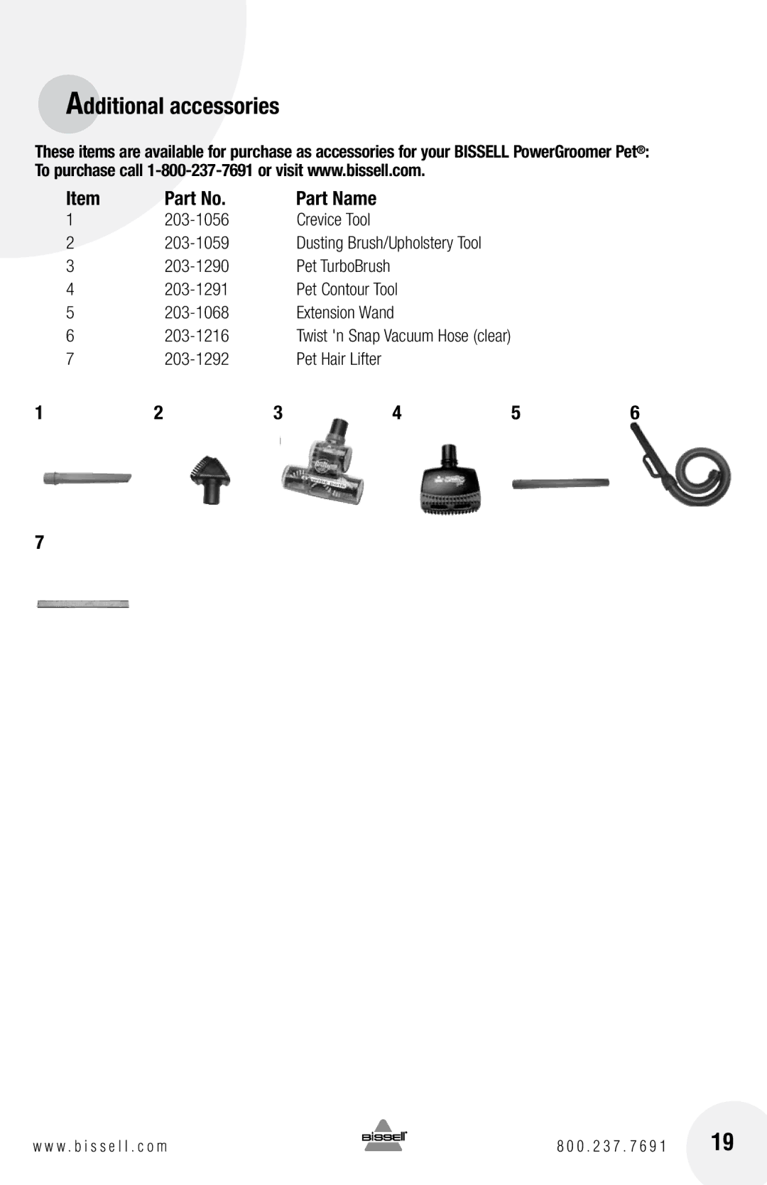 Bissell 4104 warranty 196, Crevice Tool 203-1059, Pet Hair Lifter 