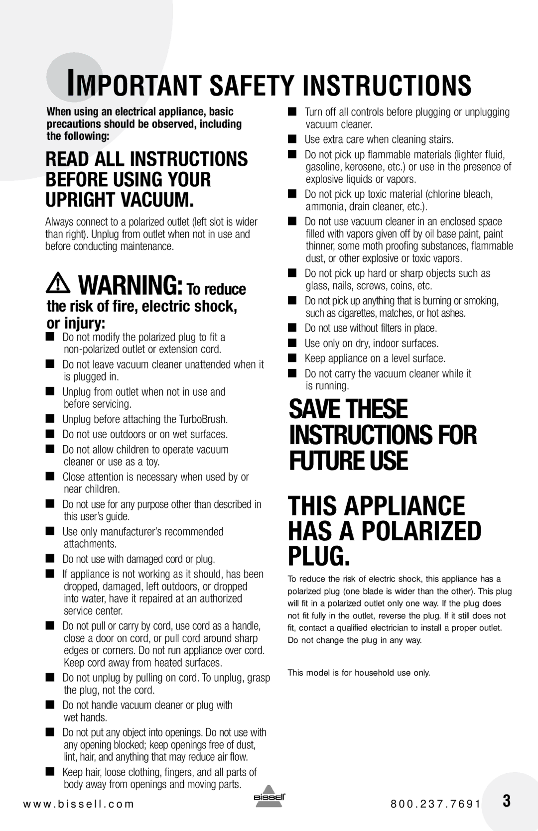 Bissell 4104 warranty Important Safety Instructions 