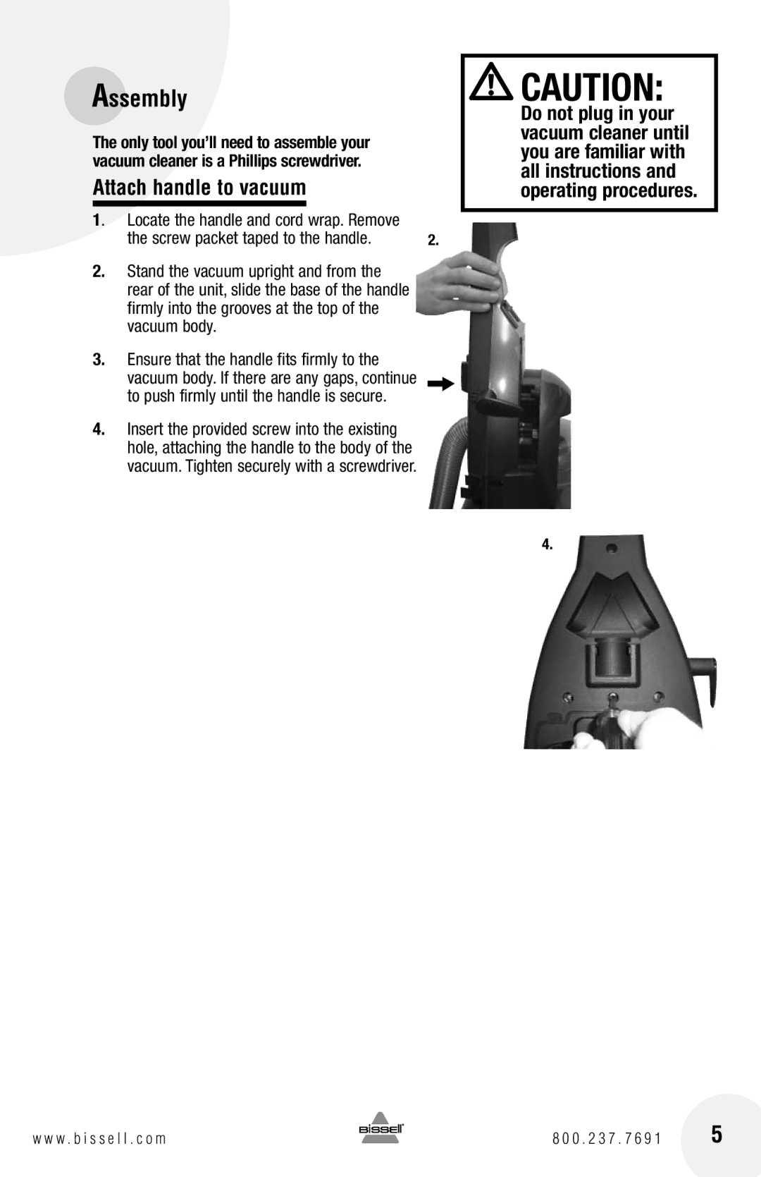 Bissell 4104 warranty Assembly, Attach handle to vacuum 