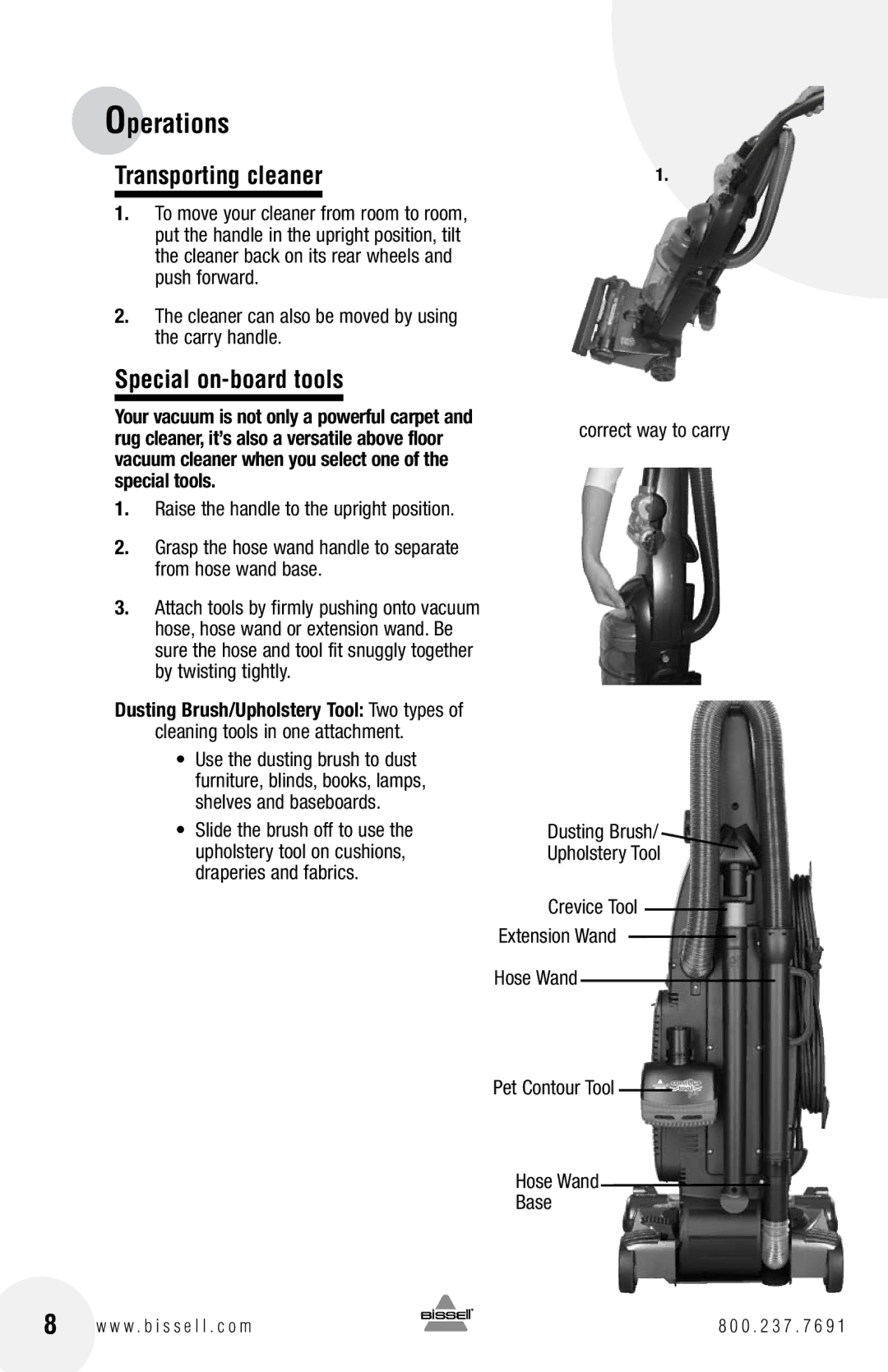 Bissell 4104 warranty Transporting cleaner, Special on-board tools, Cleaner can also be moved by using the carry handle 