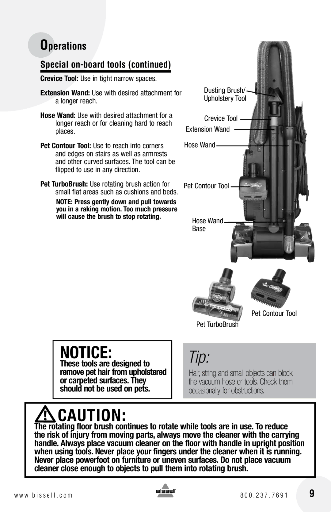 Bissell 4104 warranty Special on-board tools, Pet Contour Tool Hose Wand Base Pet TurboBrush 