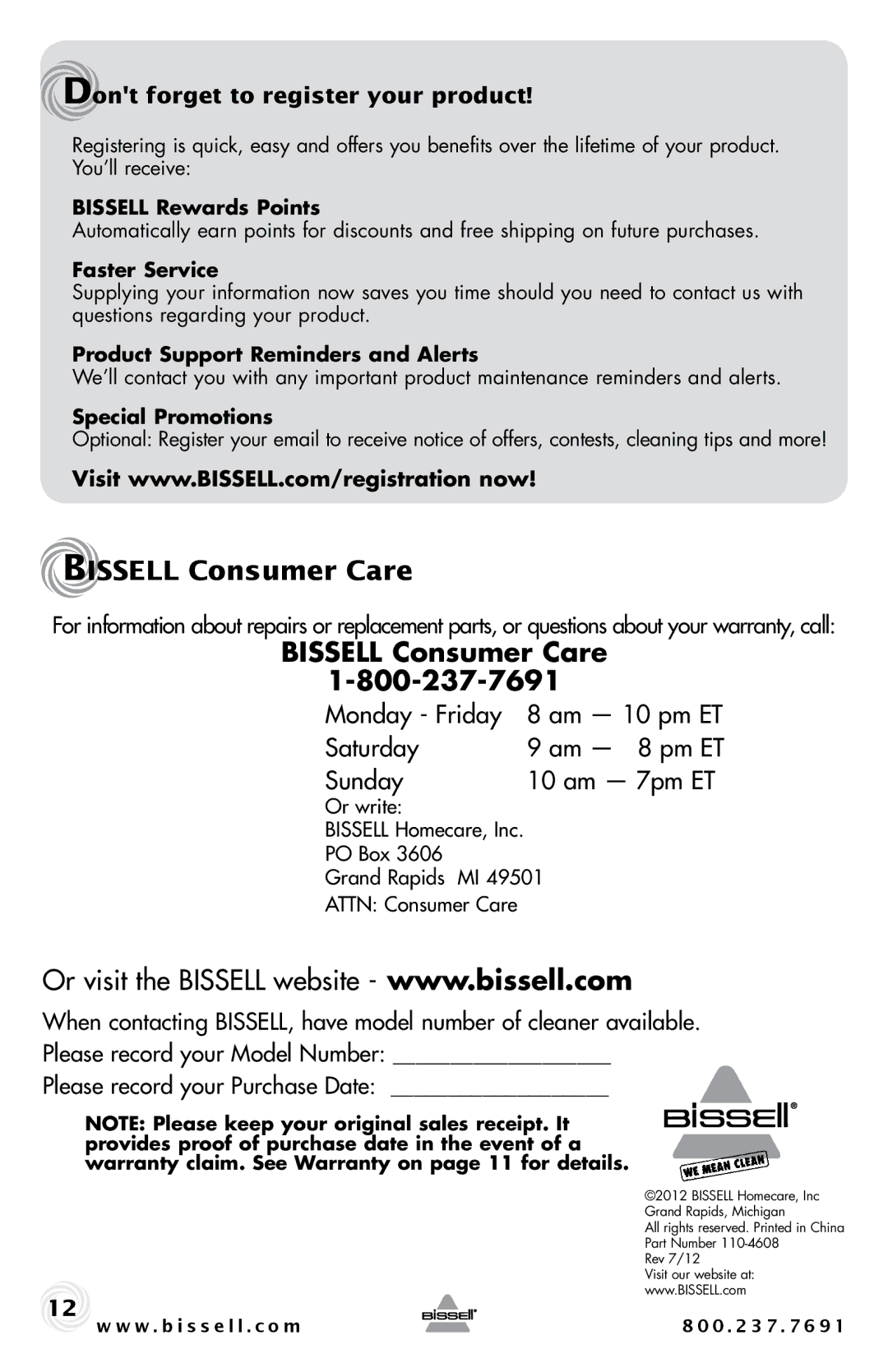 Bissell 4122 warranty Bissell Consumer Care, Dont forget to register your product 