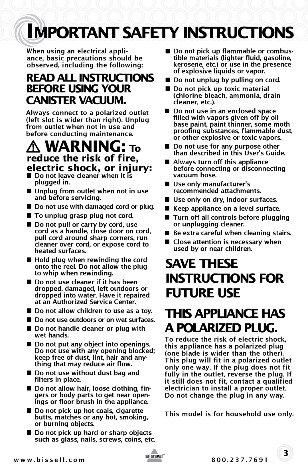 Bissell 4122 warranty Important Safety Instructions, Reduce the risk of fire, electric shock, or injury 