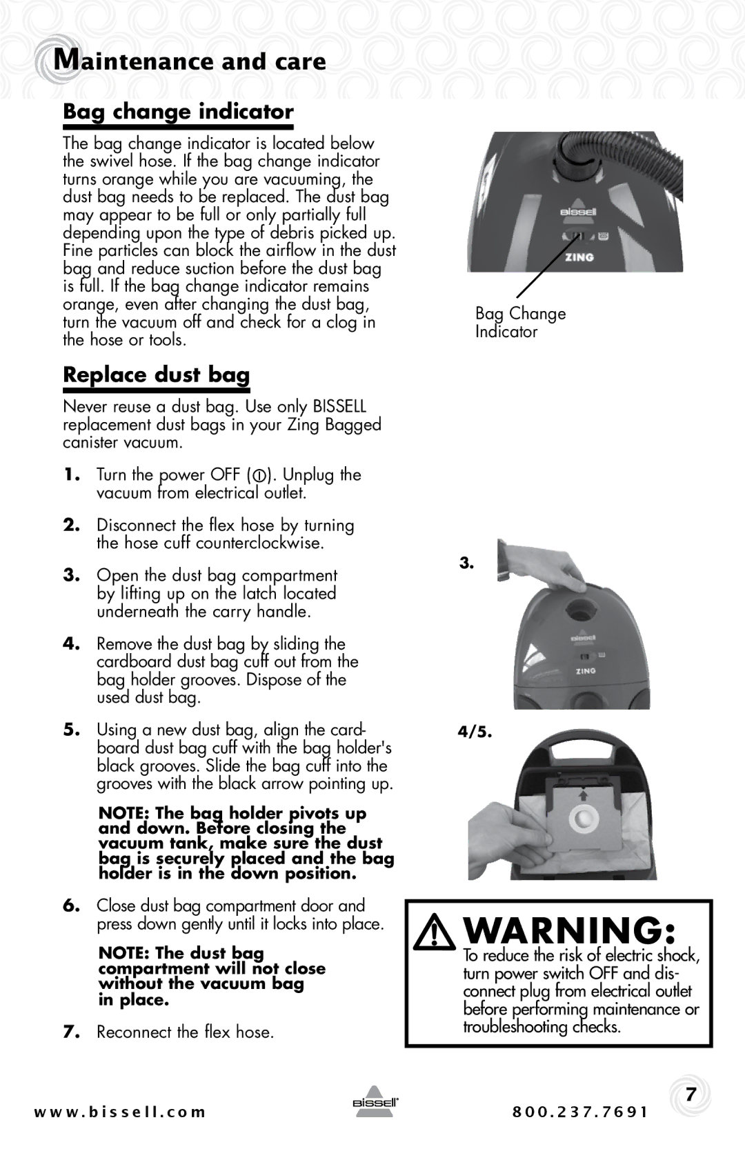 Bissell 4122 Maintenance and care, Bag change indicator, Replace dust bag, Reconnect the flex hose Bag Change Indicator 