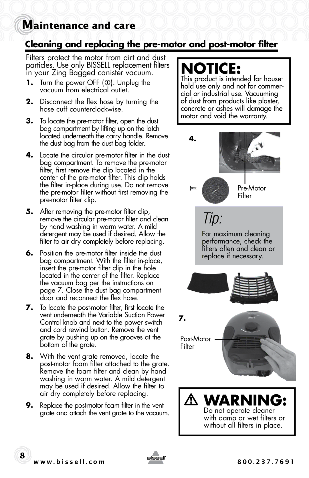 Bissell 4122 warranty Cleaning and replacing the pre-motor and post-motor filter, Pre-Motor Filter 