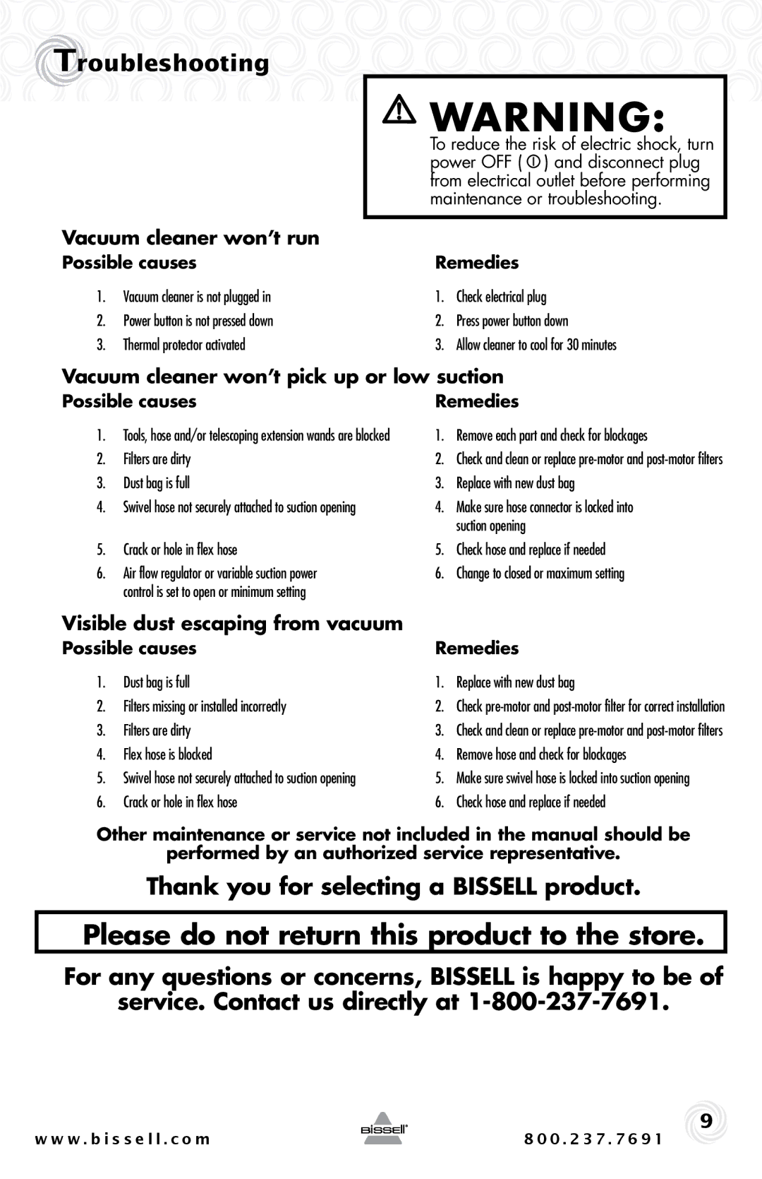 Bissell 4122 warranty Troubleshooting, Thank you for selecting a Bissell product, Vacuum cleaner won’t run 