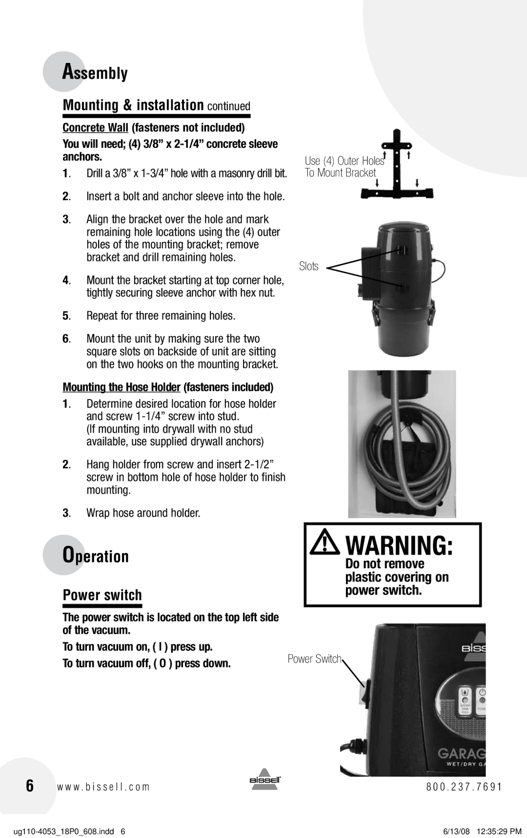 Bissell 43Z3, 18P0 warranty Operation, Power switch 