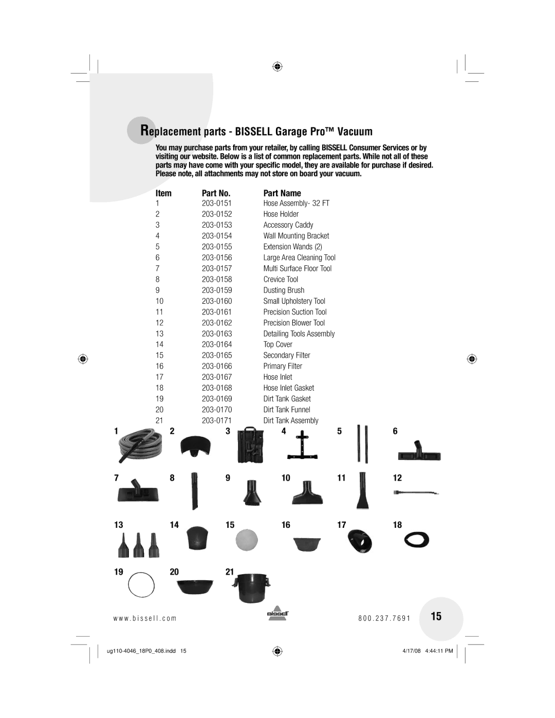 Bissell 18PO, 43Z3 warranty Replacement parts Bissell Garage Pro Vacuum, 156 