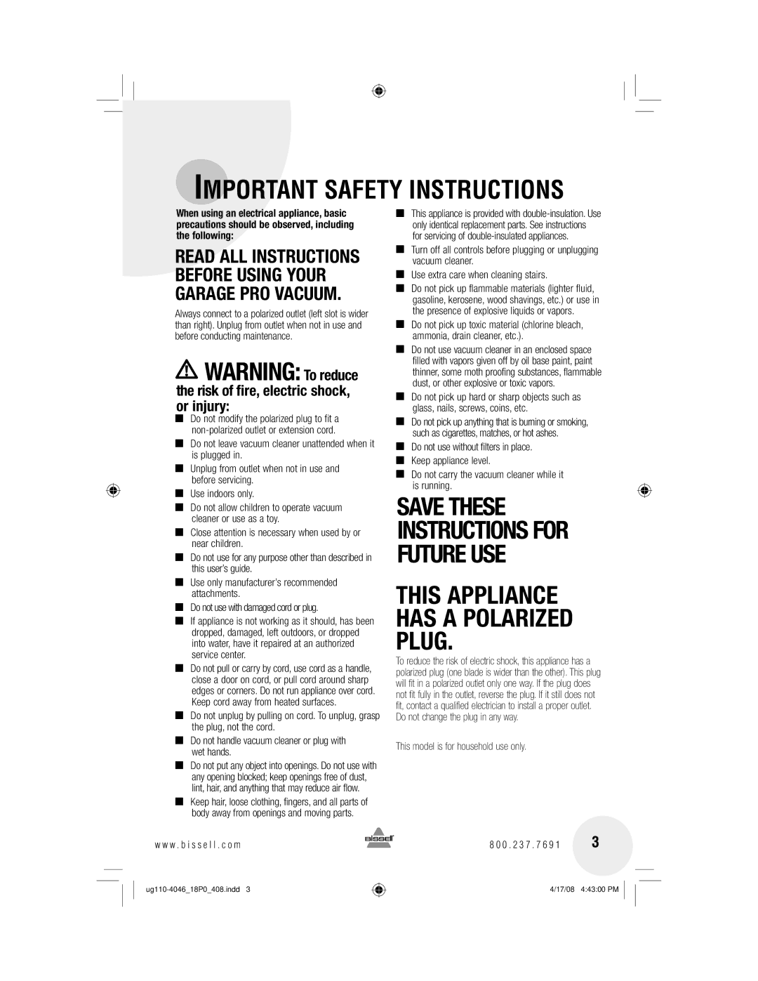 Bissell 18PO, 43Z3 warranty Important Safety Instructions 