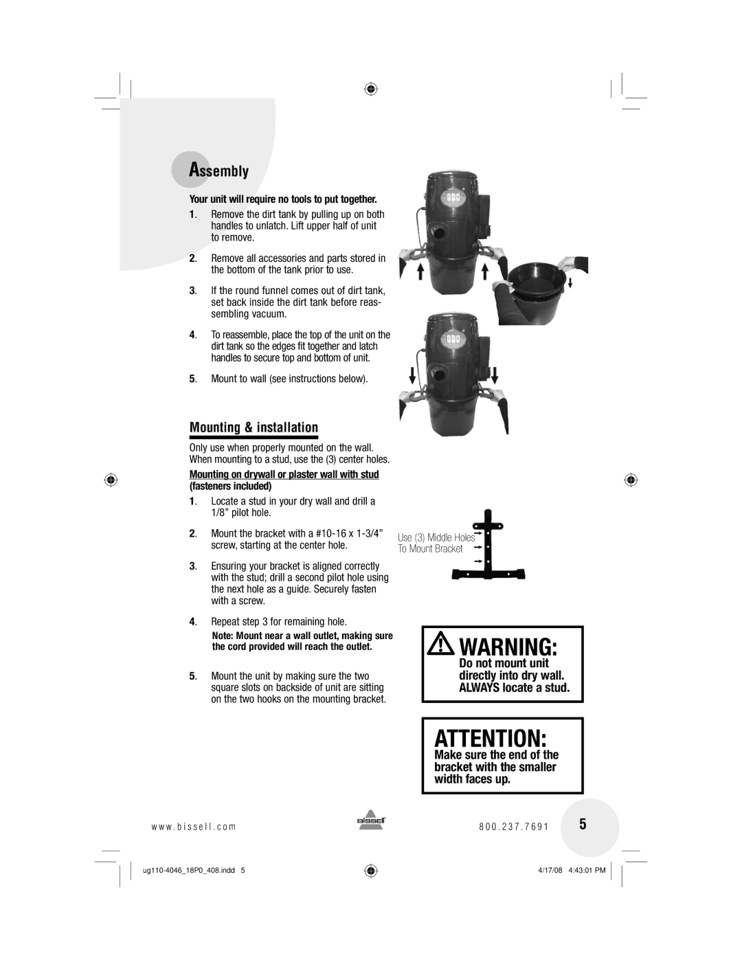 Bissell 18PO, 43Z3 warranty Assembly, Mounting & installation 