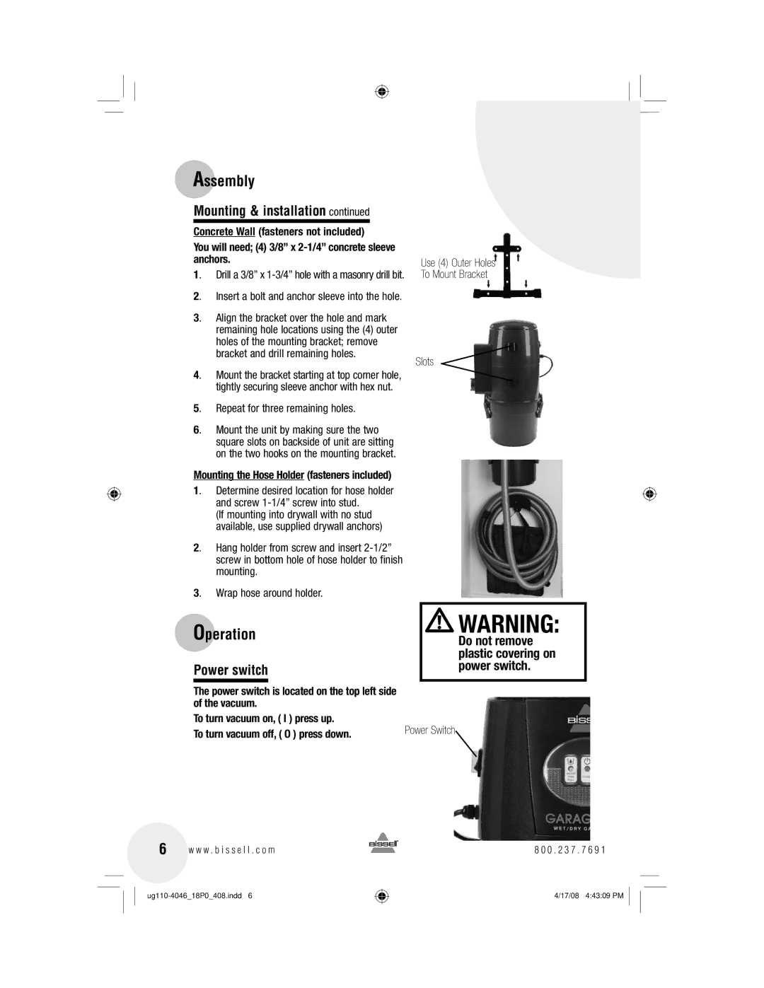 Bissell 43Z3, 18PO warranty Operation, Power switch 