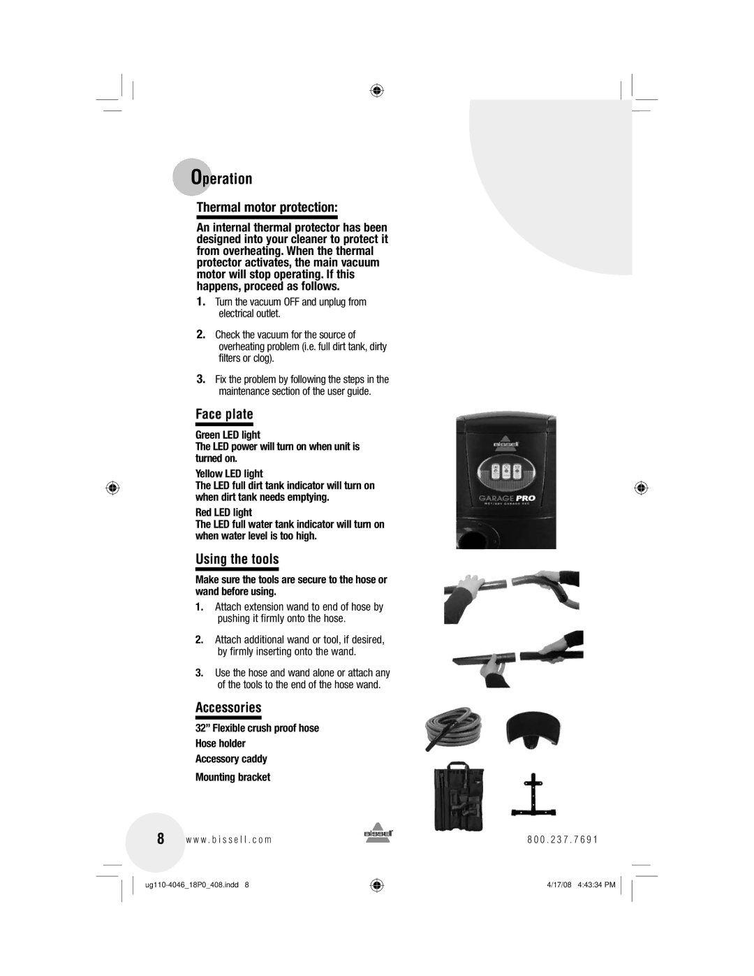 Bissell 43Z3, 18PO warranty Face plate, Using the tools, Accessories 