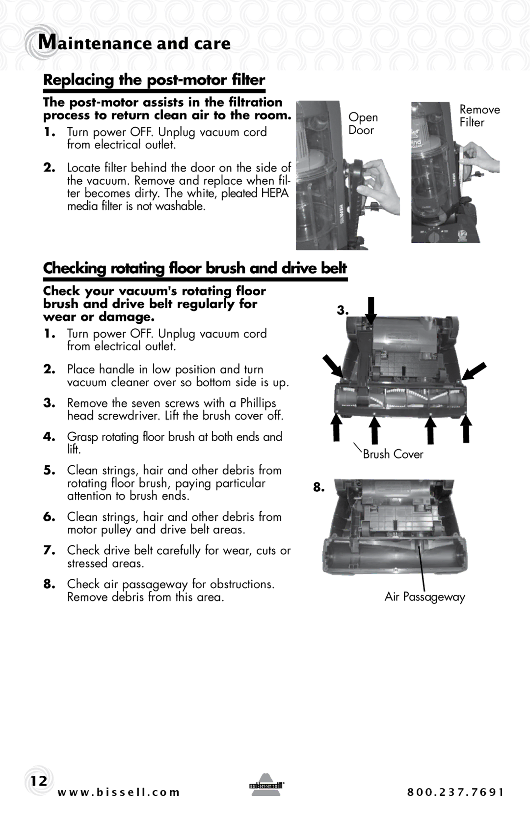 Bissell 44M3, 67F8 warranty Replacing the post-motor filter, Checking rotating floor brush and drive belt 
