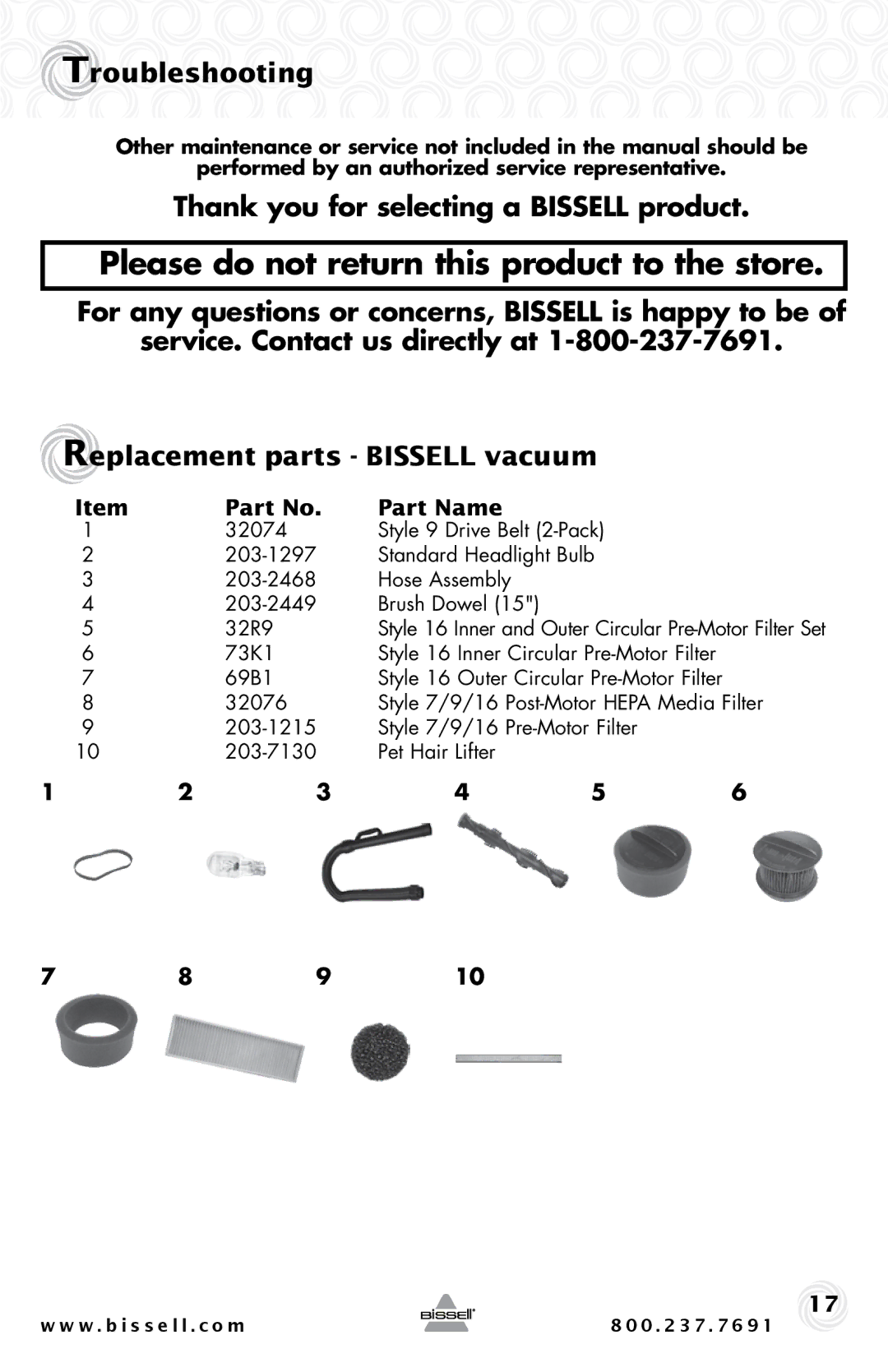 Bissell 67F8, 44M3 warranty Thank you for selecting a Bissell product, Part Name 