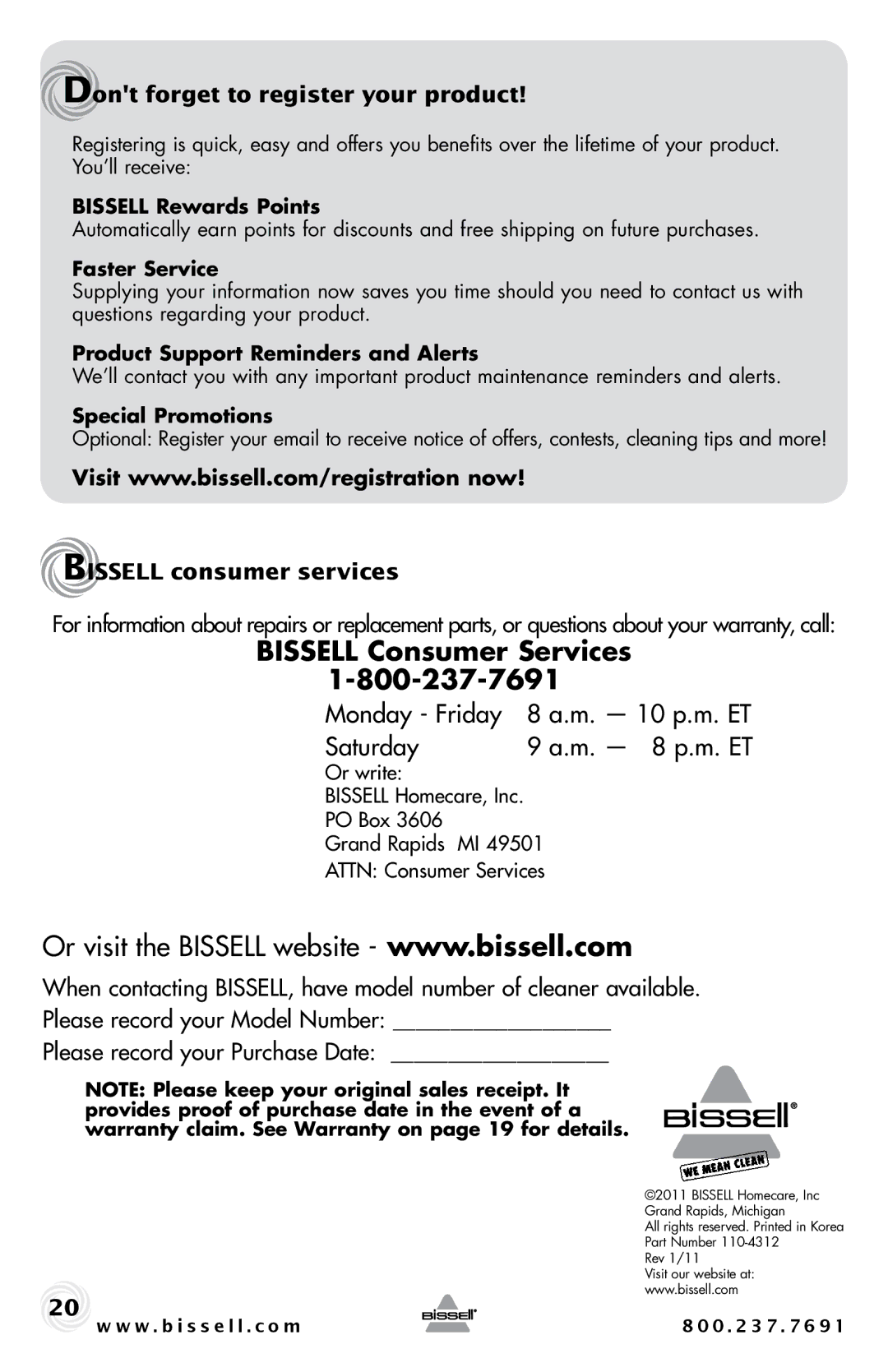 Bissell 44M3, 67F8 warranty Bissell Consumer Services, Dont forget to register your product, Bissell consumer services 