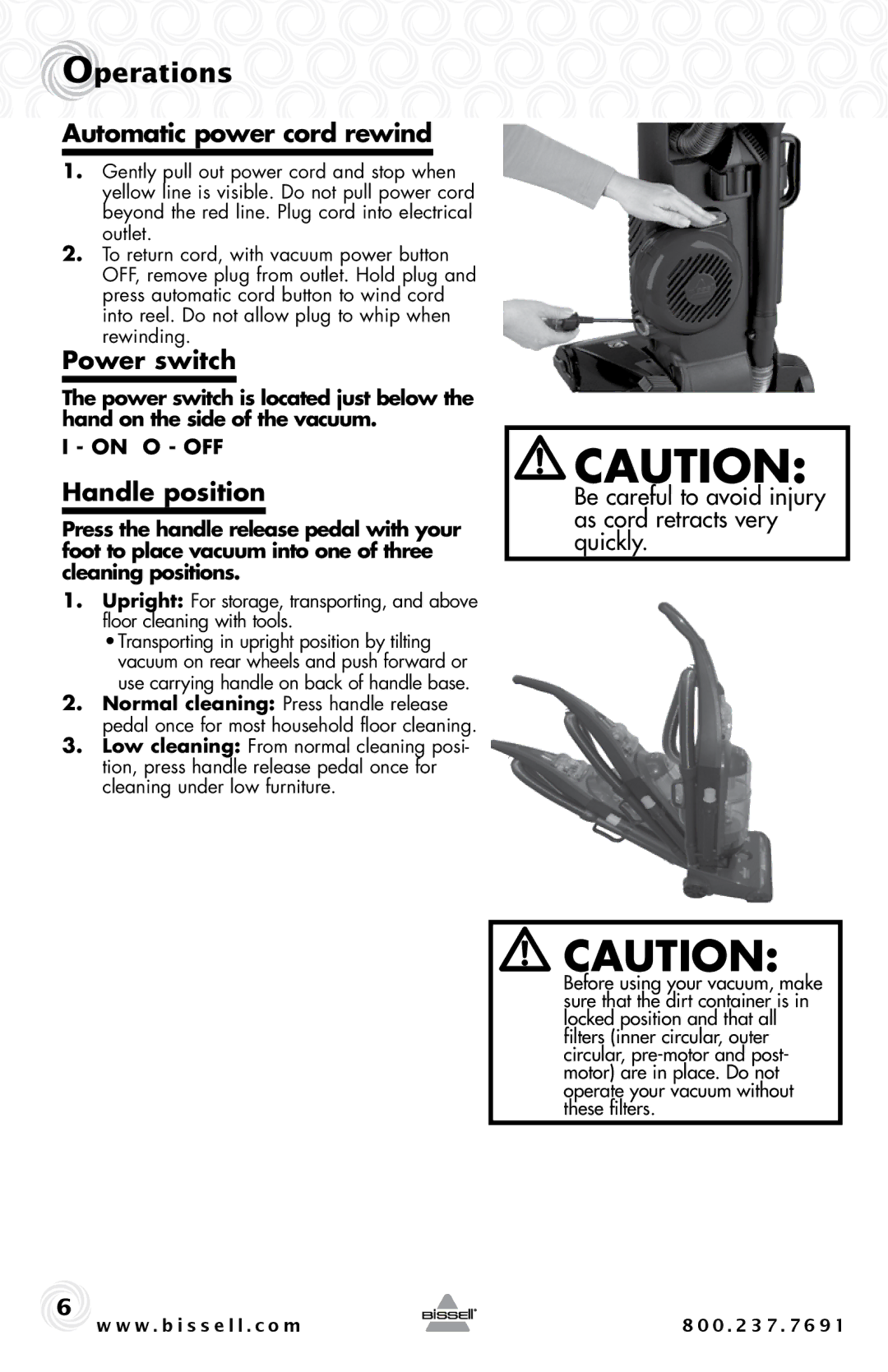 Bissell 44M3, 67F8 warranty Operations, Automatic power cord rewind, Power switch, Handle position 