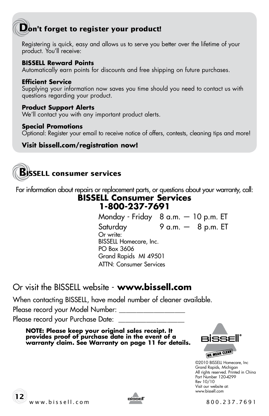 Bissell 46B4 warranty Bissell Consumer Services, Dont forget to register your product, Bissell consumer services 