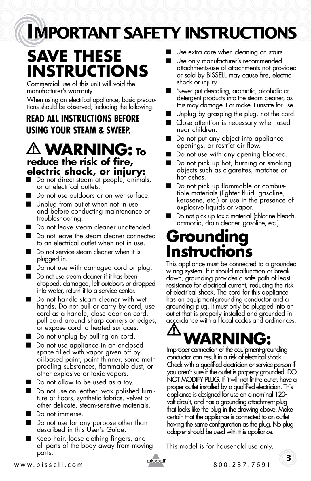 Bissell 46B4 Read all instructions before, Using your Steam & Sweep, Reduce the risk of fire, Electric shock, or injury 