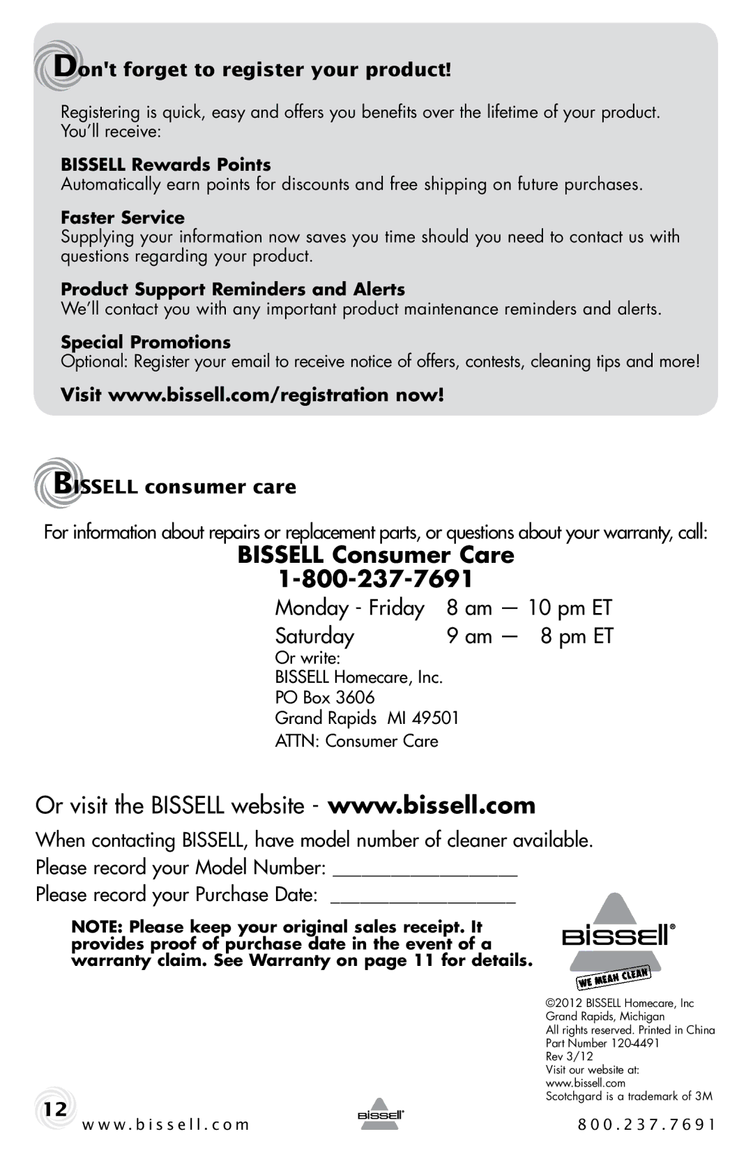 Bissell 47B2 warranty Bissell Consumer Care, Dont forget to register your product, Bissell consumer care 