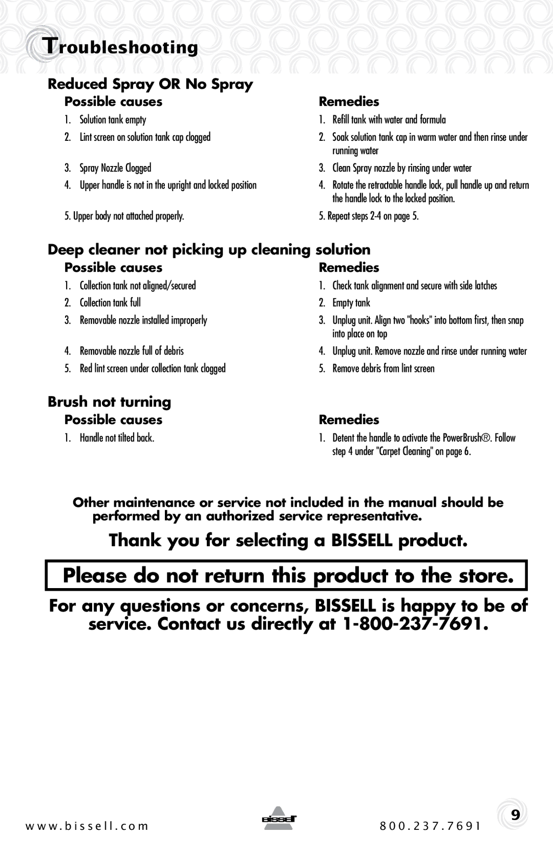 Bissell 47B2 Troubleshooting, Thank you for selecting a Bissell product, Reduced Spray or No Spray, Brush not turning 