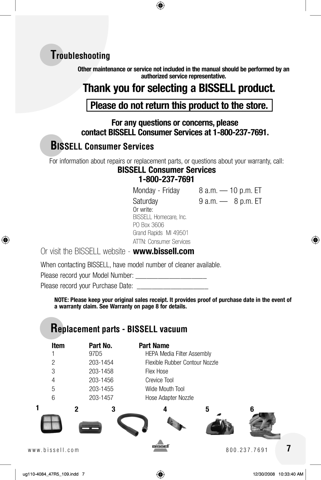 Bissell 47R5 Bissell Consumer Services, Replacement parts Bissell vacuum, Part Name, Authorized service representative 