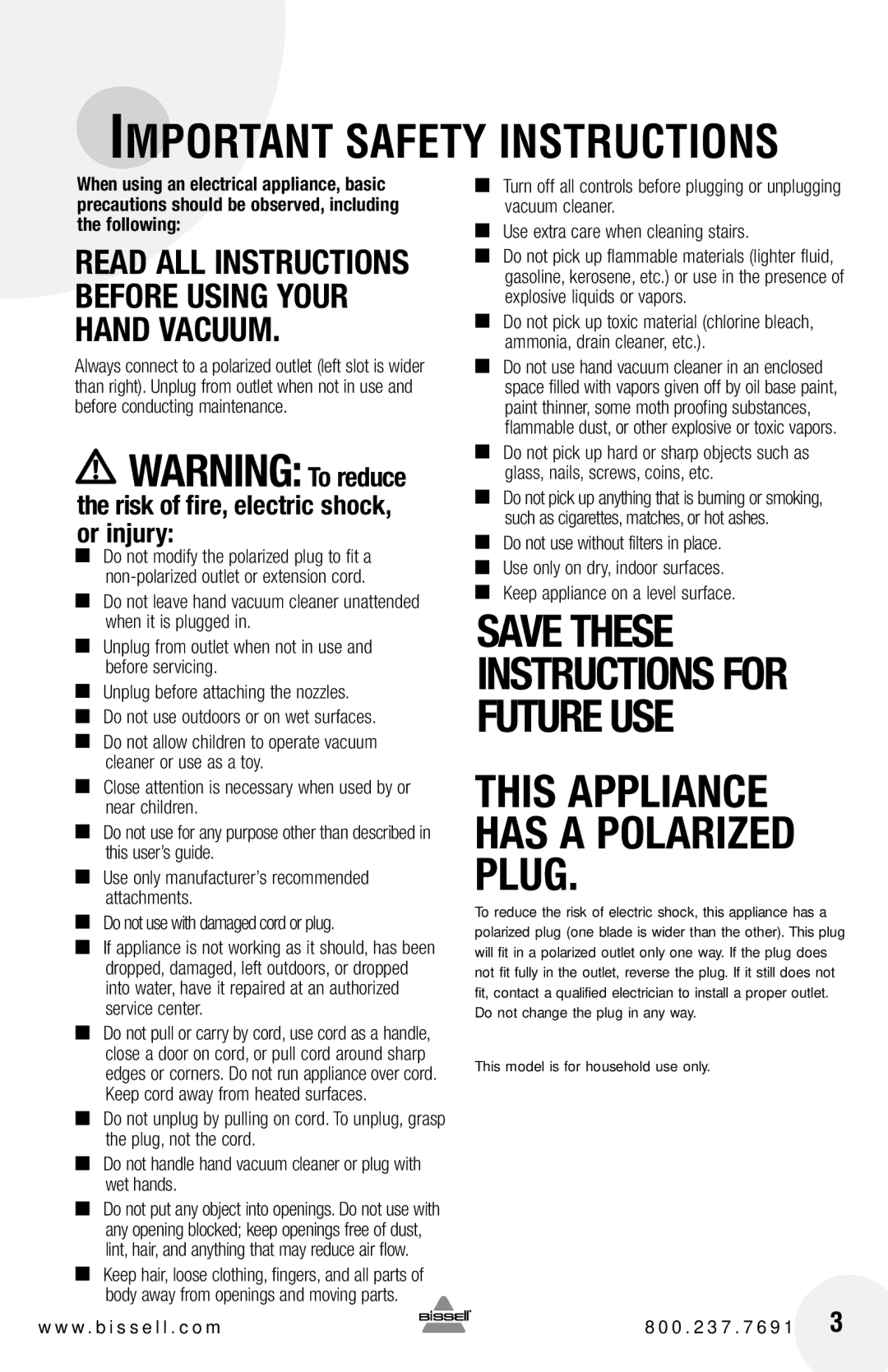 Bissell 47R5 warranty Important Safety Instructions, Risk of fire, electric shock, or injury 