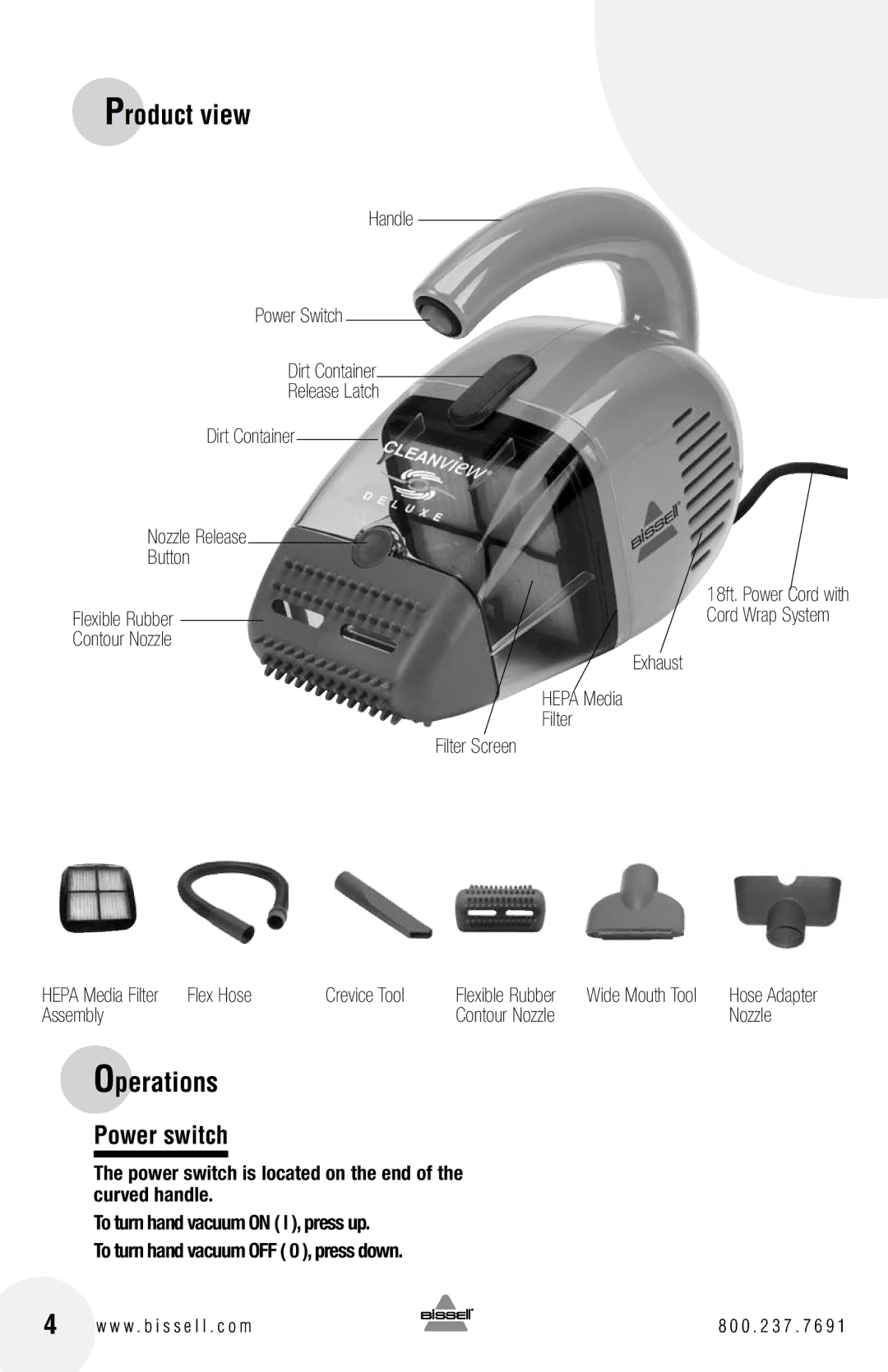 Bissell 47R5 warranty Operations, Power switch, Flex Hose Crevice Tool, Assembly, Nozzle 