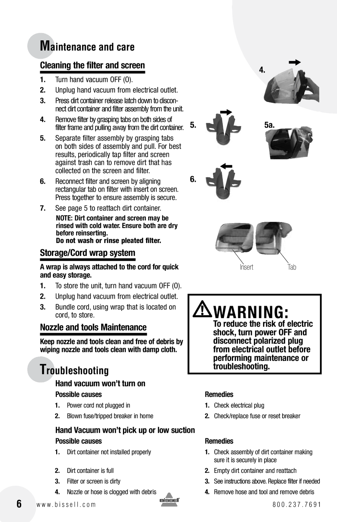 Bissell 47R5 Troubleshooting, Cleaning the filter and screen, Storage/Cord wrap system, Nozzle and tools Maintenance 