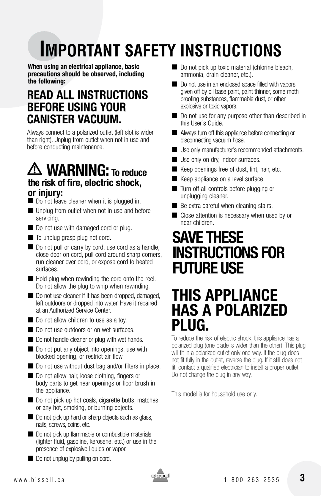 Bissell 48K2 warranty Important Safety Instructions, 163 