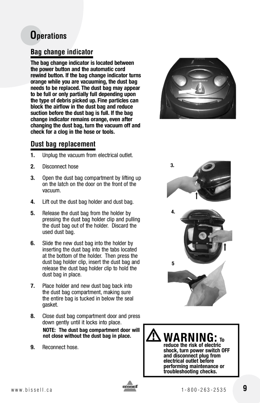 Bissell 48K2 warranty Bag change indicator, Dust bag replacement 