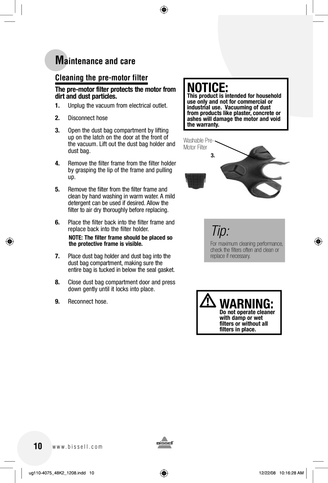 Bissell 48K2 warranty Maintenance and care, Cleaning the pre-motor filter, Washable Pre Motor Filter 