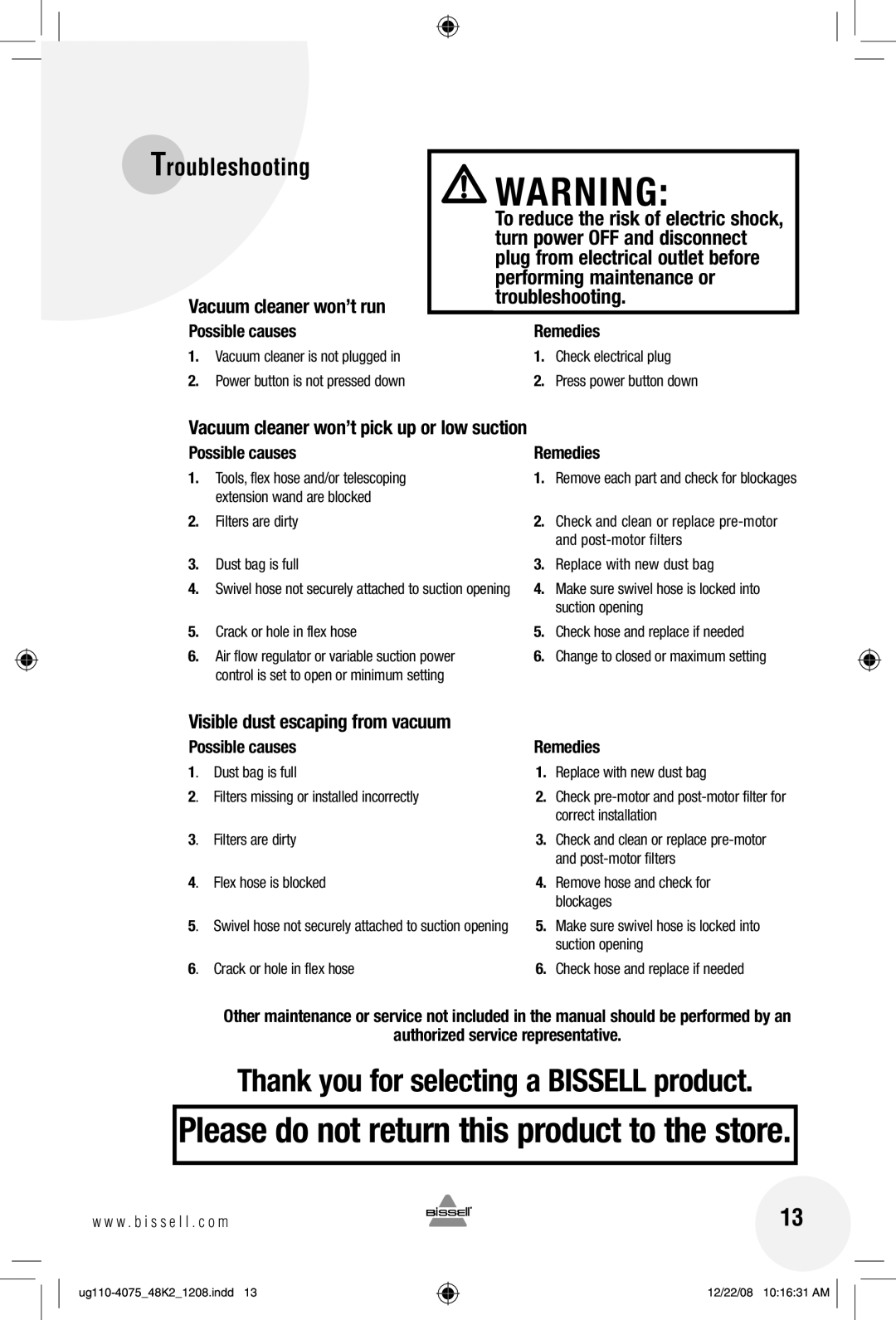 Bissell 48K2 warranty Possible causes Remedies, Authorized service representative 