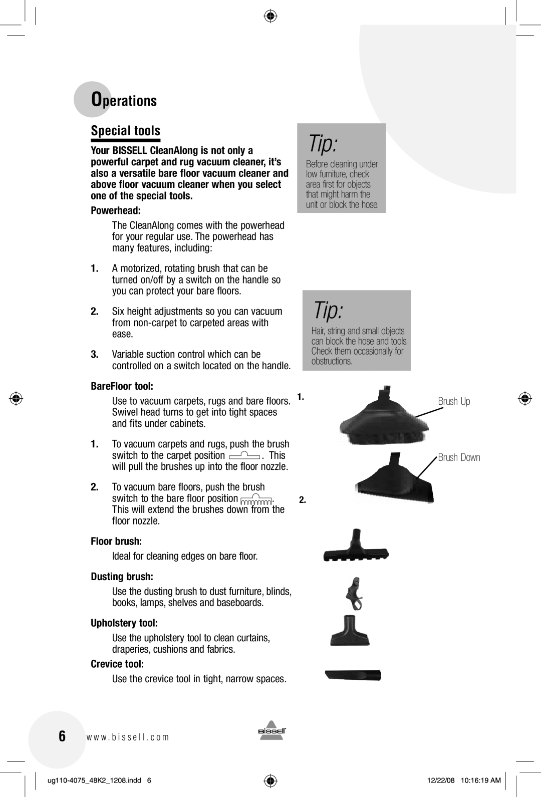 Bissell 48K2 warranty Operations, Special tools 