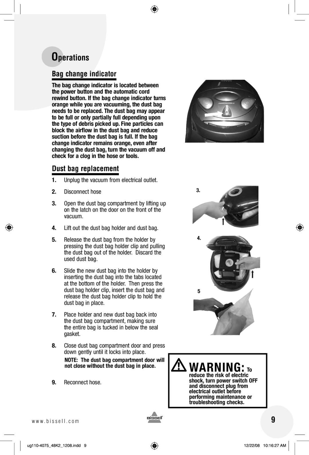 Bissell 48K2 warranty Bag change indicator, Dust bag replacement, Reconnect hose 