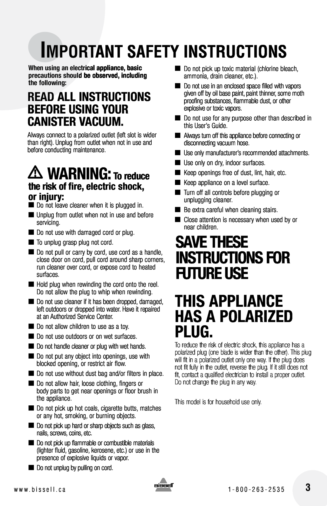Bissell 48K2 WARNING To reduce, Read all instructions before using your CANISTER VACUUM, Important Safety Instructions 