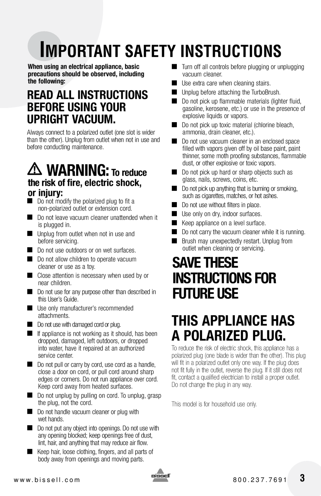 Bissell 50C9 warranty Important Safety Instructions 