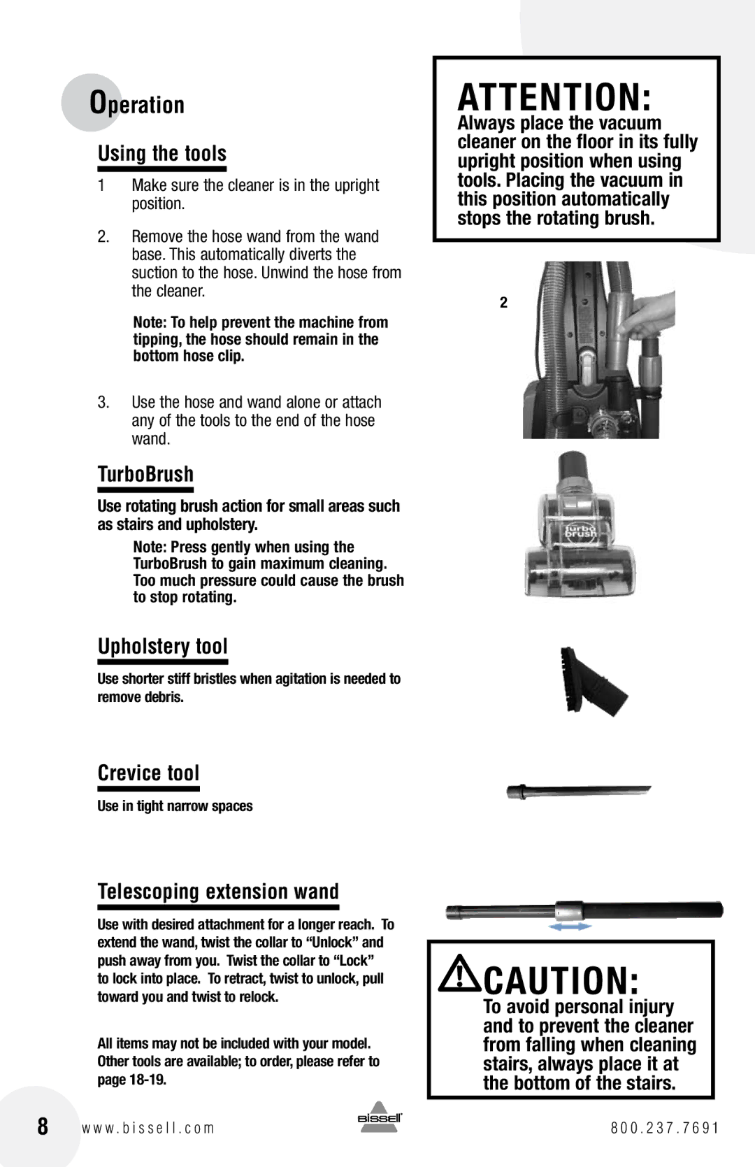 Bissell 50C9 warranty Using the tools, TurboBrush, Upholstery tool, Crevice tool, Telescoping extension wand 