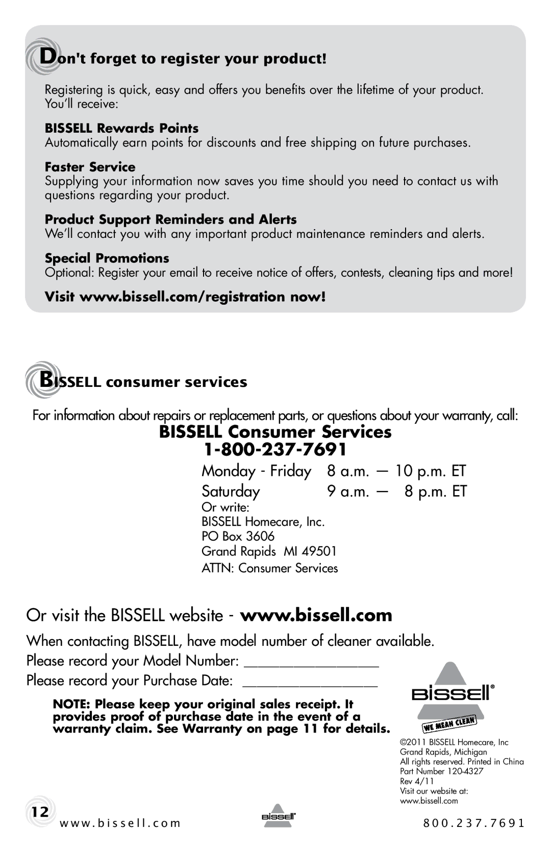 Bissell 50Y6 Series warranty Bissell Consumer Services, Dont forget to register your product, Bissell consumer services 