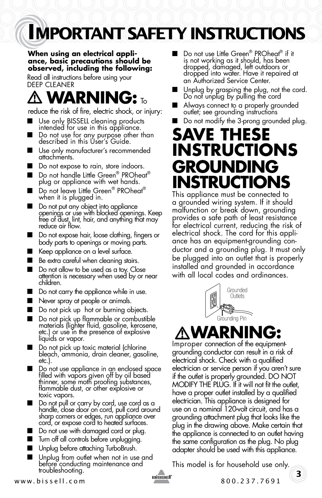 Bissell 50Y6 Series warranty Save These Instructions Grounding Instructions 